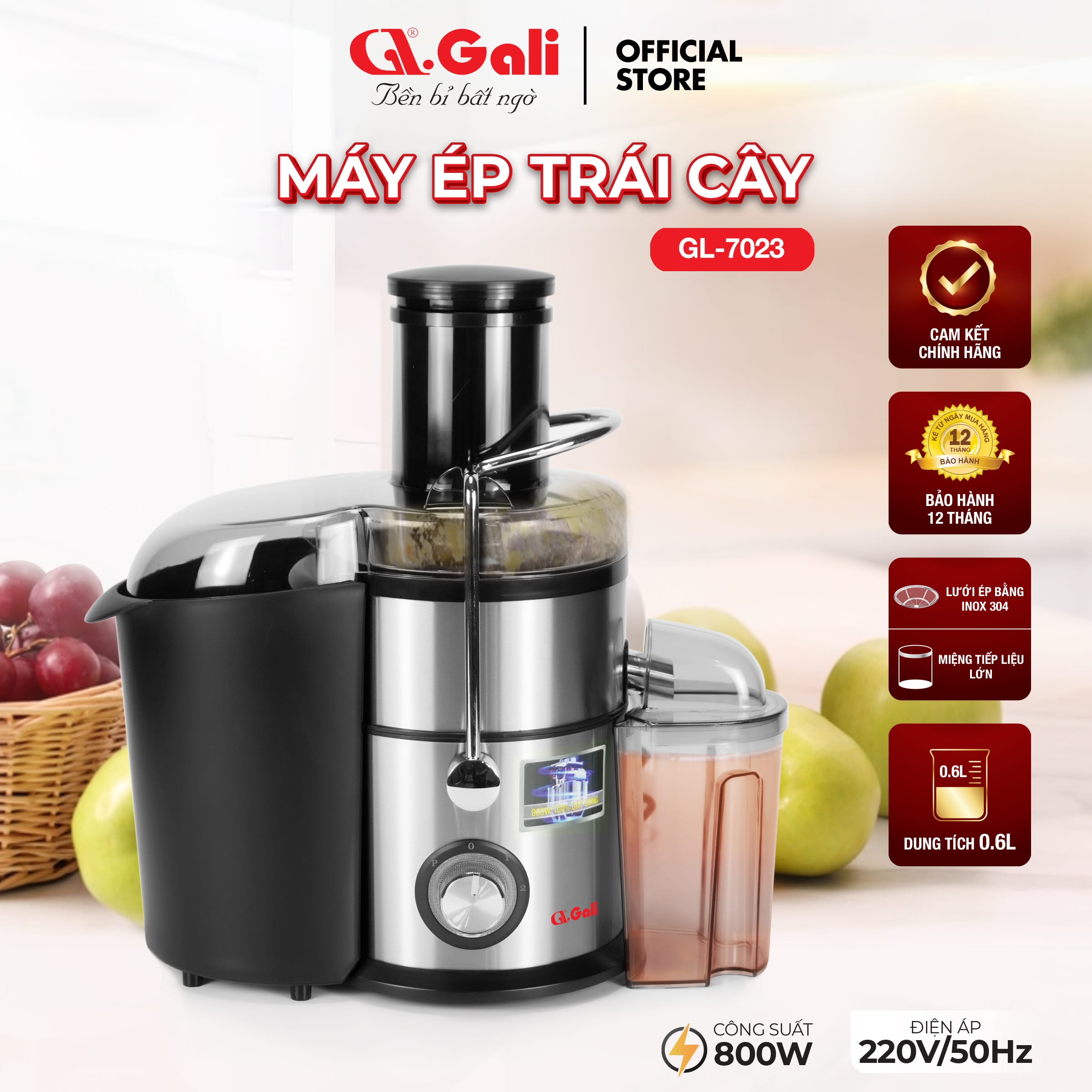 Máy ép trái cây Gali, đa chức năng, ép các loại rau, củ, quả, thân 2 lớp, motor dây đồng, cam kết hàng chính hãng, bảo hành 12 tháng chính hãng Gali
