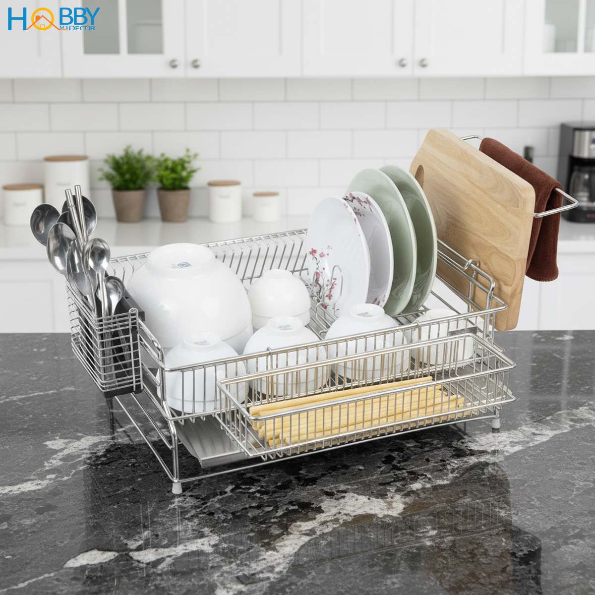 Kệ chén đa năng 1 tầng có khay hứng nước inox 304 Hobby home decor KC10