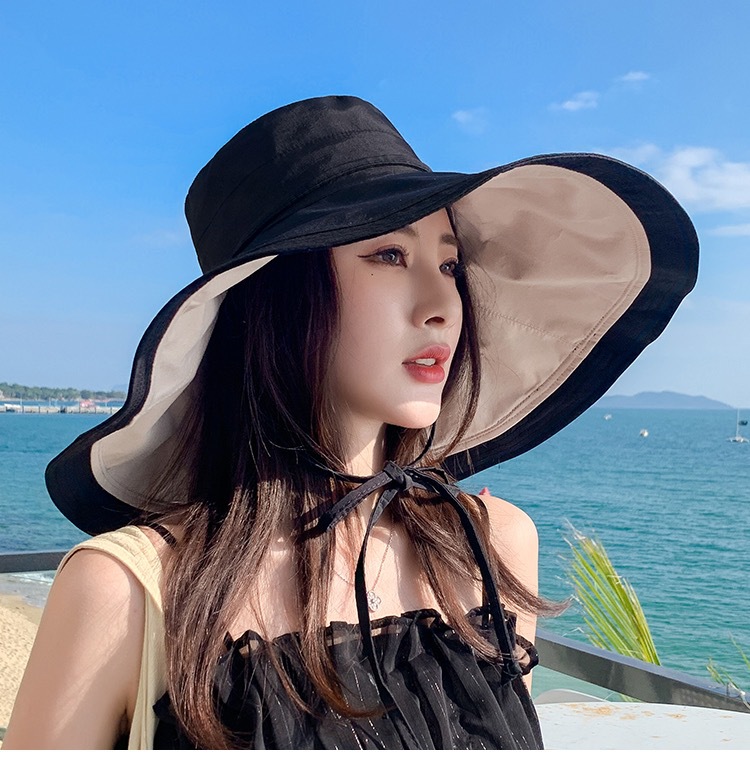 Mũ đẹp đi biển nón rộng vành chống nắng đội 2 mặt gấp gọn chống tia UV vành to thời trang Korea Chất liệu vải cotton 2 mặt thoáng mát dona23062001