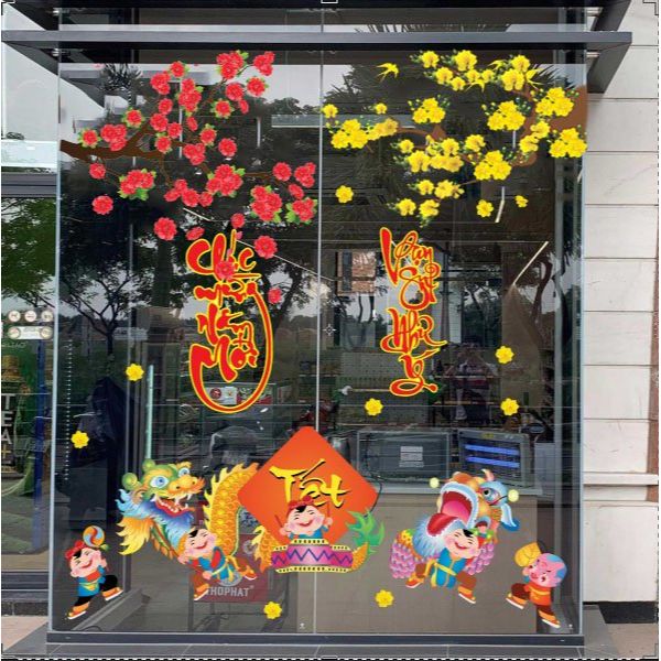 Decal trang trí tết xuân tân sửu - có sẵn keo - decal trang dán kính trang trí tết PK625(100x200cm)
