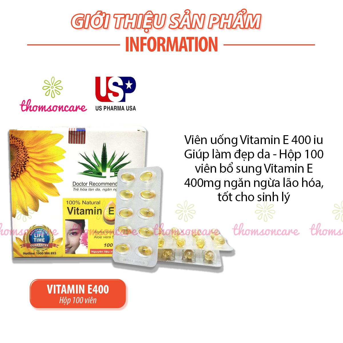 Viên uống Vitamin E 400 hướng dương - Giúp làm đẹp da, ngăn ngừa lão hóa, tốt cho sinh lý, giúp tóc chắc khỏe - Hộp 100v