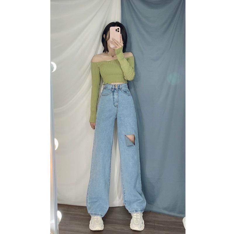 ( giá sỉ) Quần jean nữ ống rộng rách đùi màu xanh thời trang H.N.M STORE