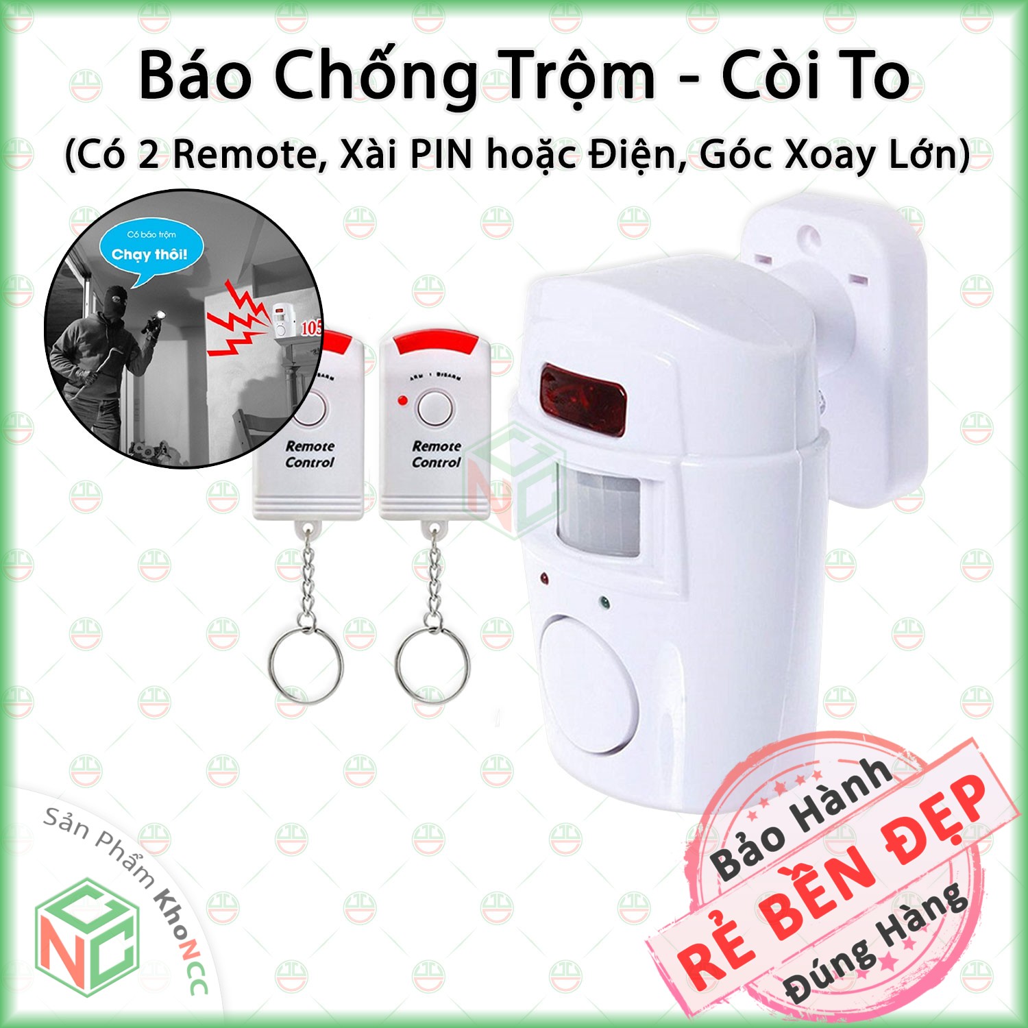 [An Toàn] Hệ Thống Báo Động An Ninh Chống Trộm KhoNCC Hàng Chính Hãng - Cảm Biến Hồng Ngoại Chuyển Động Không Dây Có 02 Remote Điều Khiển Từ Xa - NQT-BCHHN (Màu trắng)