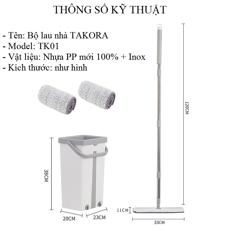 Cây lau nhà tự vắt thông minh 360 độ 2 ngăn TAKORA Bộ chỗi lau nhà chính hãng, tự tách nước bẩn, nhựa PP mới 100% rất dẻo rất bền sử dụng cho gia đình hoặc cho công nghiệp