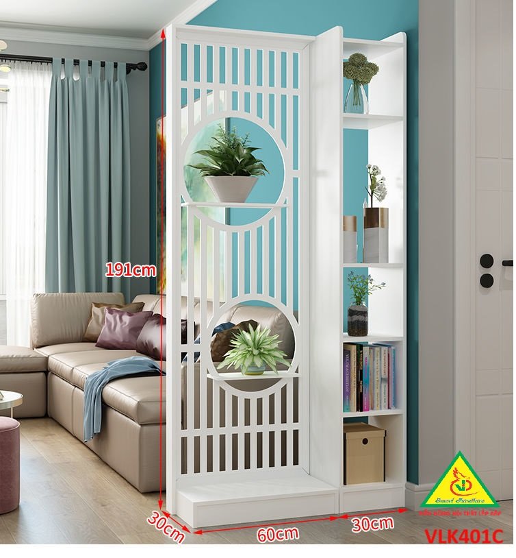 Vách ngăn liền kệ, vách ngăn phòng khách nhà bếp gỗ MDF VLK401