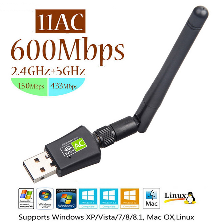 USB thu sóng wifi băng tần kép 2.4G / 5G 802.11AC 600Mbps, có anten, tăng tốc độ mạng, làm điểm phát sóng wifi 5G