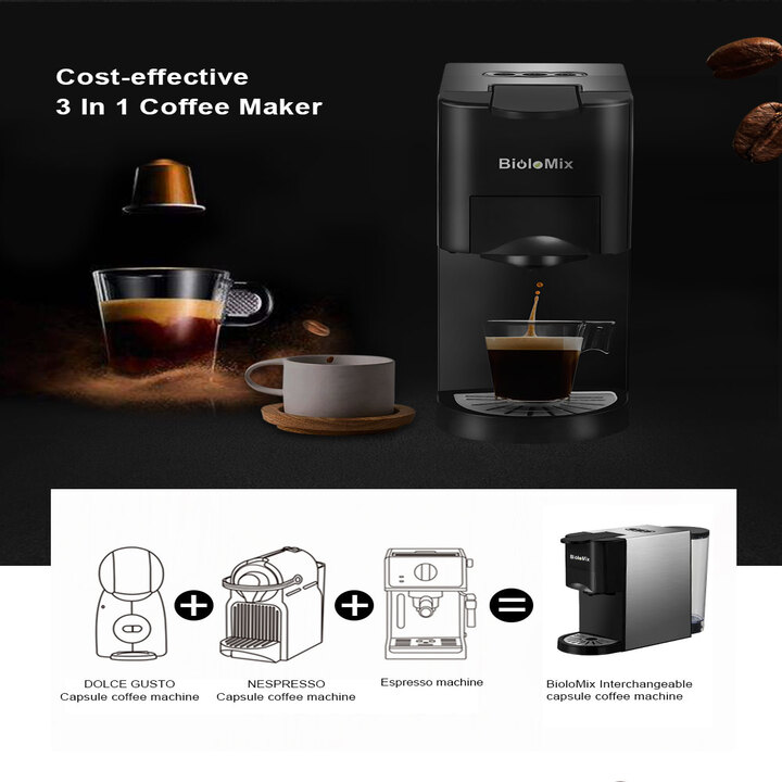 Máy pha cà phê 3 trong 1 BioloMix BK-513, áp suất 19 bar, dung tích 1.6L, dùng cho cafe viên nén và cafe xay- Hàng chính hãng