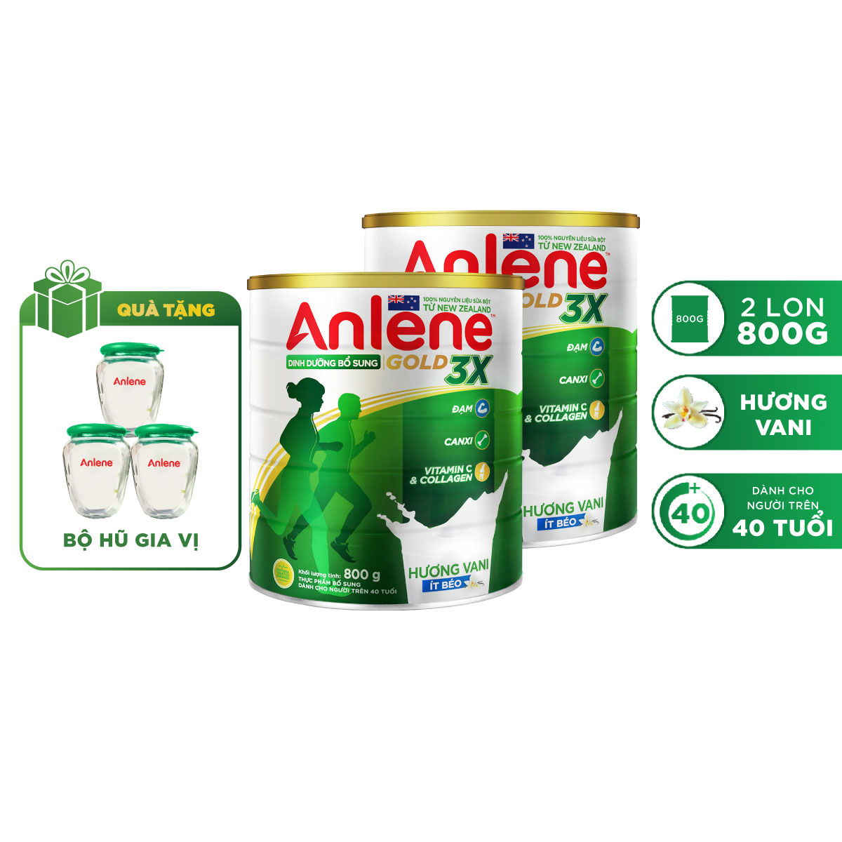 Combo 2 Sữa Bột Anlene Gold 3X Hương Vanilla (Hộp Thiếc 800g) tặng set 3 hũ gia vị