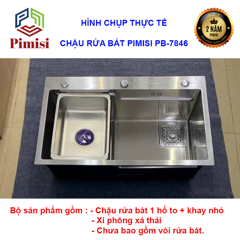 Chậu Rửa Bát Inox 1 Hố To Pimisi PB-7846 Luxury Làm Từ Thép Không Gỉ Inox Cao Cấp Kiểu Ngăn Lớn 1 Hộc, Kèm 1 Khay Bồn Rửa Chén Nhỏ Đơn Phụ Gác Chậu -  Tháo Rời Với Đầy Đủ Phụ Kiện Xi Phông, Gắn Được Cả Bán Âm - Dương Bàn Đá Bếp | Hàng Chính Hãng