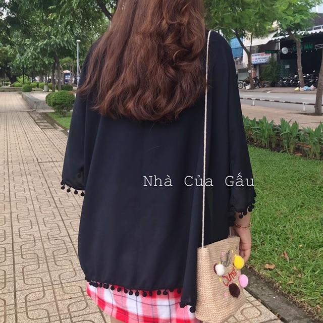 Áo khoác kimono tua bi voan mỏng đi biển