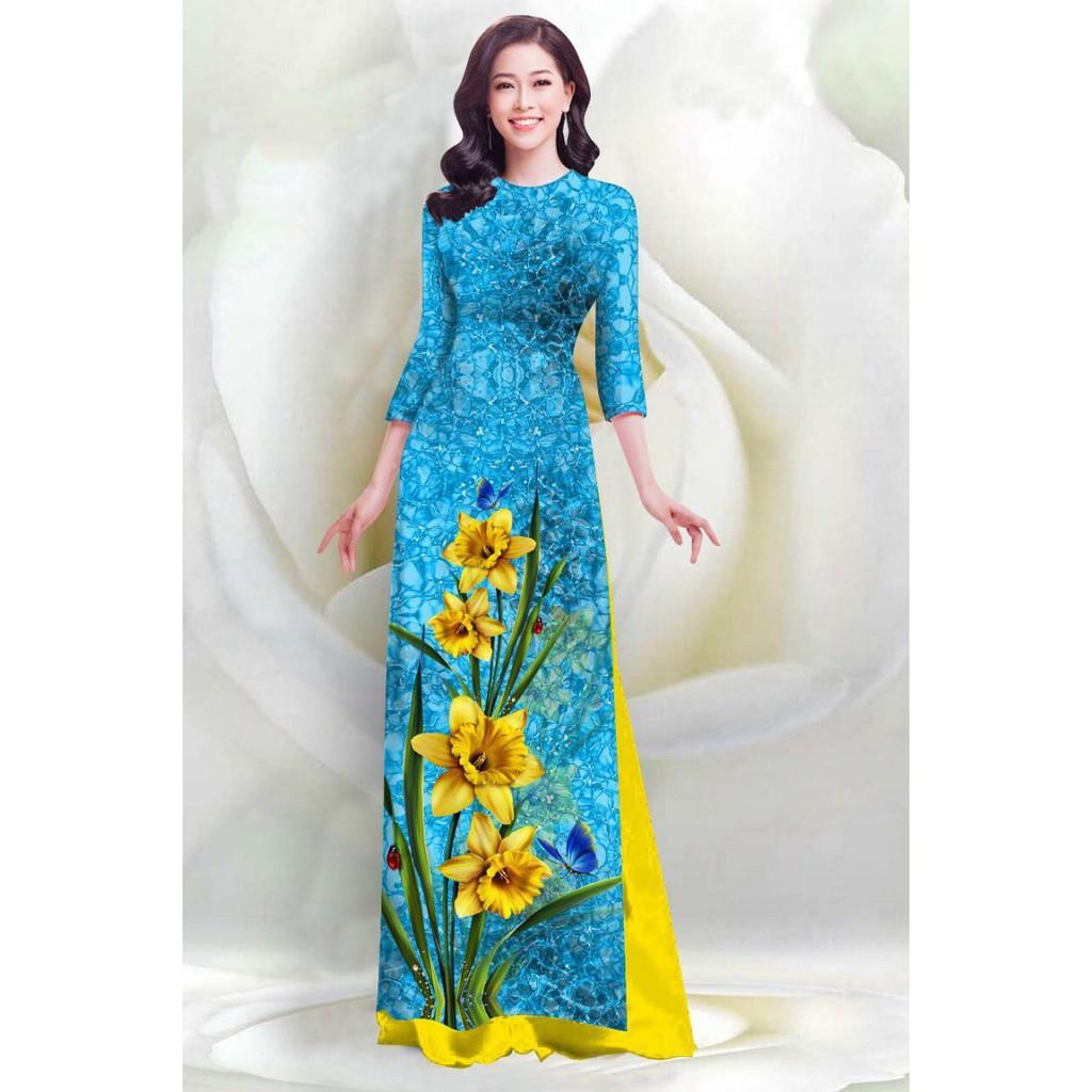 Áo Dài Họa Tiết Hoa Vàng In 4D - QA00106 ( Không kèm quần)