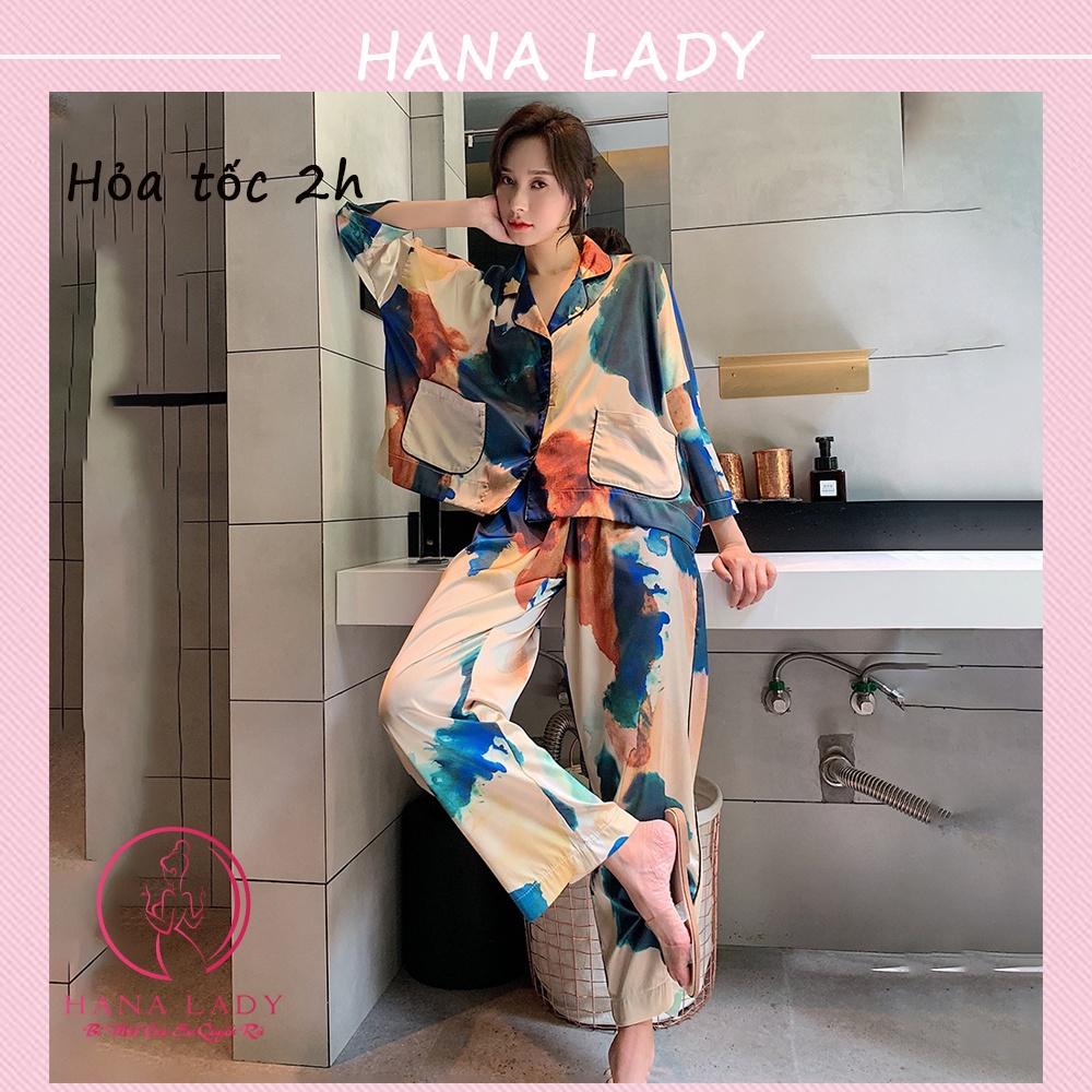 Đồ mặc nhà cao cấp - Pijama lụa cánh dơi họa tiết loan màu PJ540