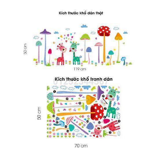 Decal dán tường Combo 2 tranh khỉ đu cây + nấm và hươu