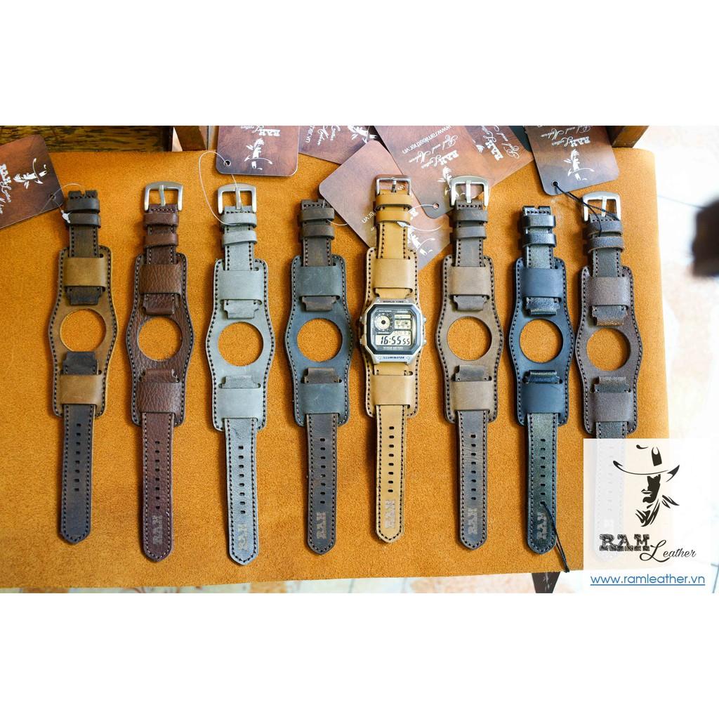 (TẶNG FULL PHỤ KIỆN) COMBO DÂY ĐỒNG HỒ DA BÒ XÁM + RAM BUNDSTRAP B2 CHO CASIO AE1200