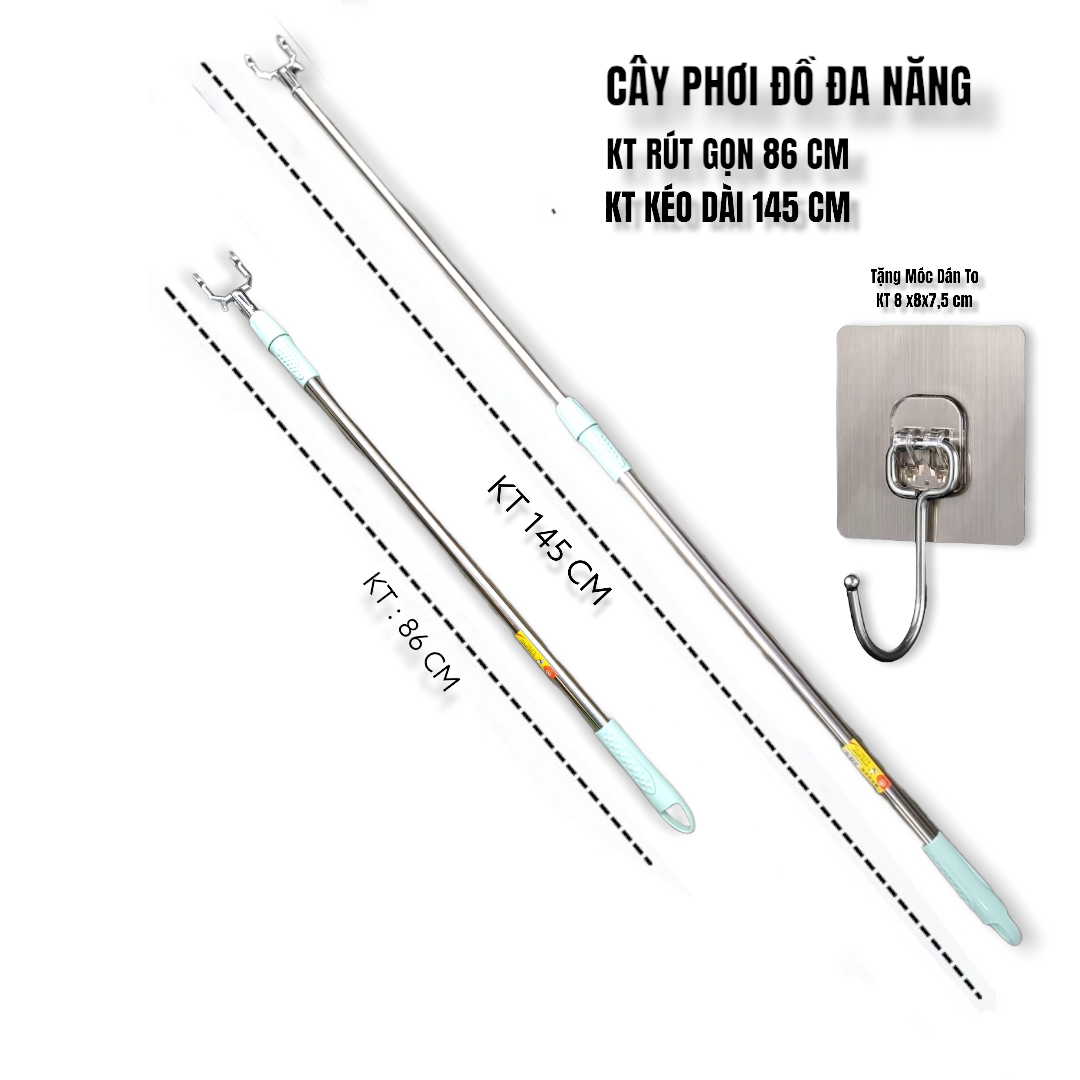 Cây gậy / xào / lấy đồ phơi quần áo inox Cây lấy đồ trên cao Điều Chỉnh được thu gọn kéo dài ( tặng vỉ dán tường to )