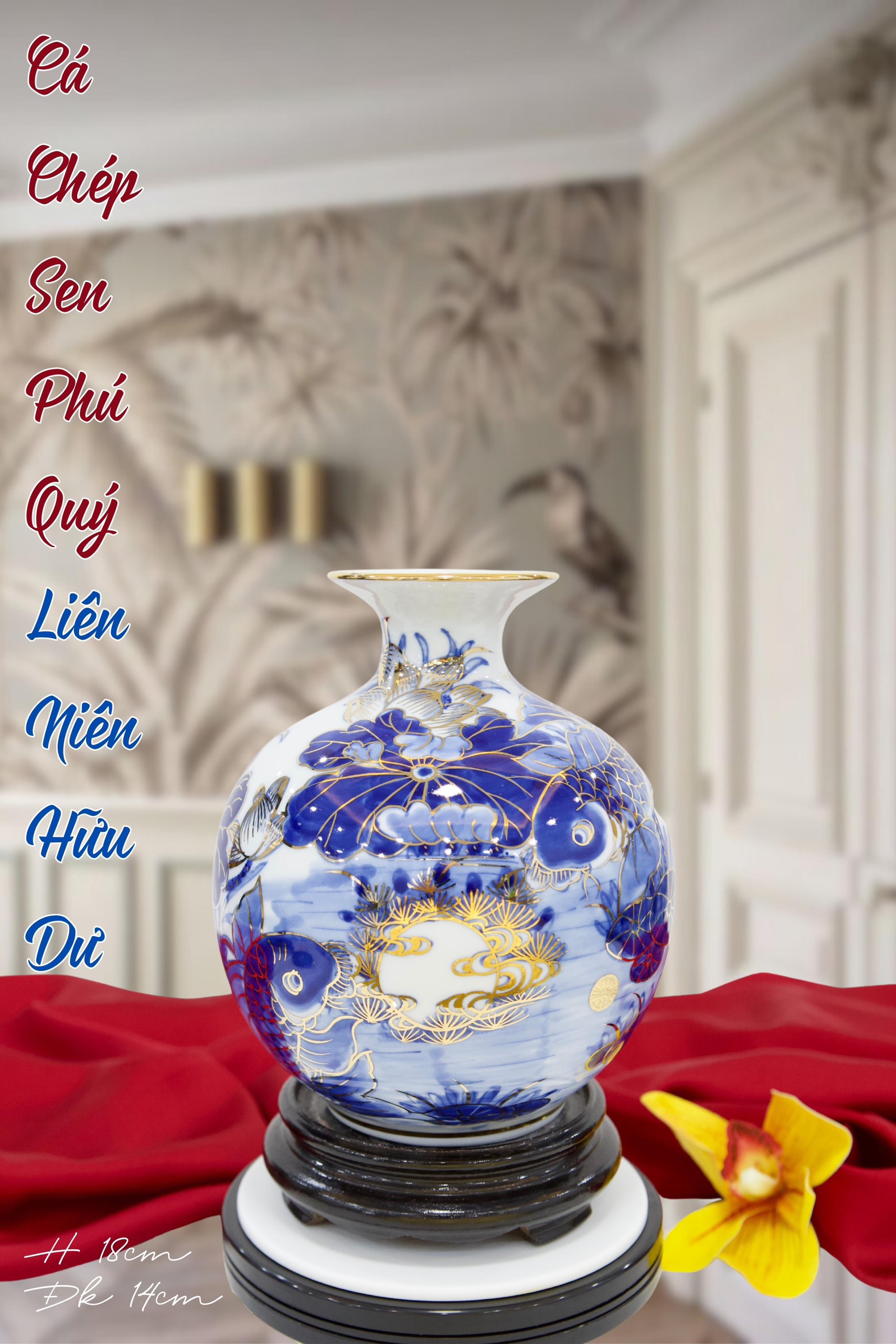 Bình hút tài lộc gốm sứ Bát Tràng cao cấp vẽ vàng cao 18cm