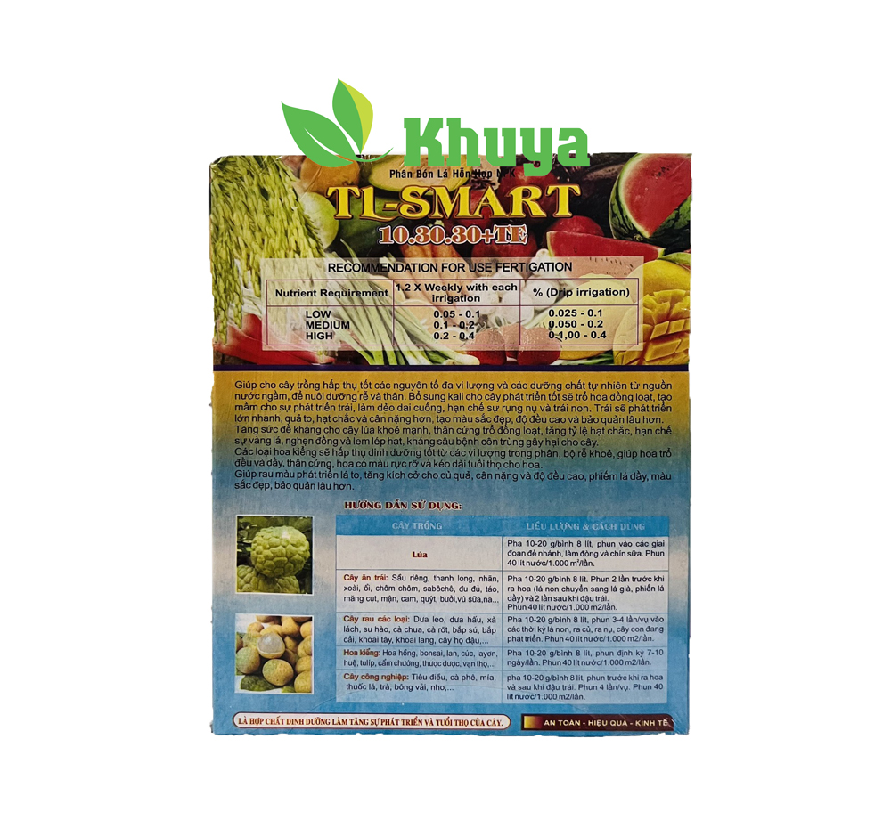 Phân bón lá hỗn hợp NPK TL Smart 10-30-30 + TE Siêu Đậu Quả và Ngọt Trái 1kg