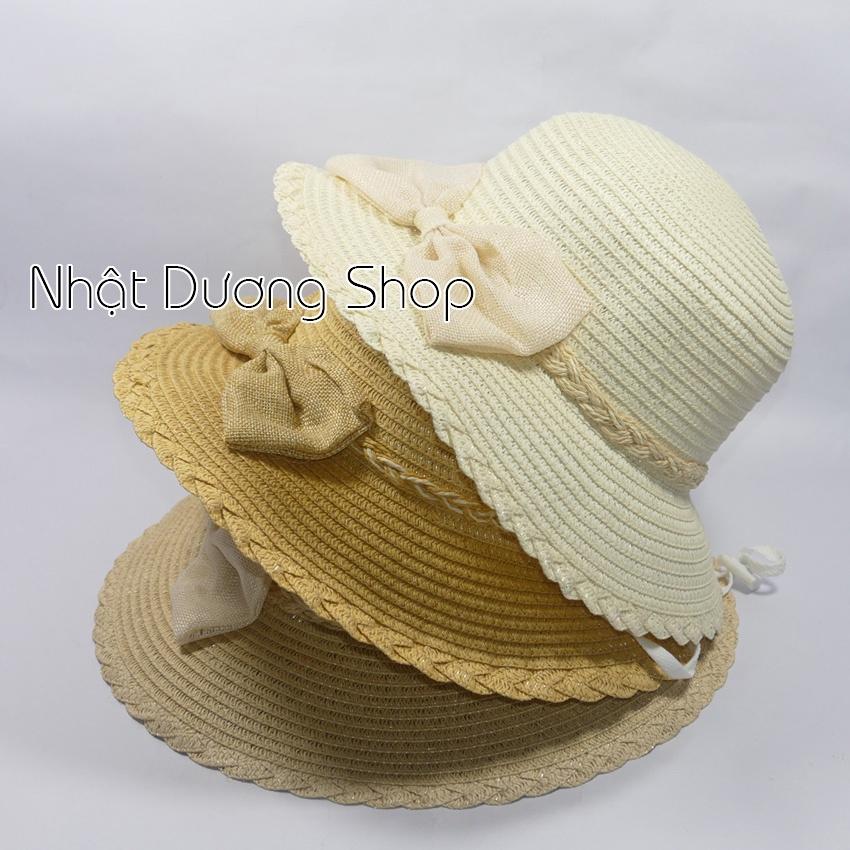 Mũ cói NƠ TO vành vừa 8.2cm, vòng đầu53-58cm - chất liệu vải cói hình nơ đánh tít xung quanh thích hợp cho chị em phụ nữ