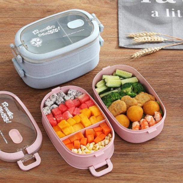 Hộp cơm lúa mạch 2 tầng có quai xách