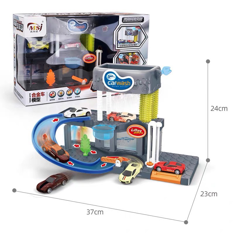 Ô tô đồ chơi mô hình trạm rửa xe kèm 3 xe mini kim loại đổi màu khi gặp nước cho bé trai, quà tặng sinh nhật cho bé