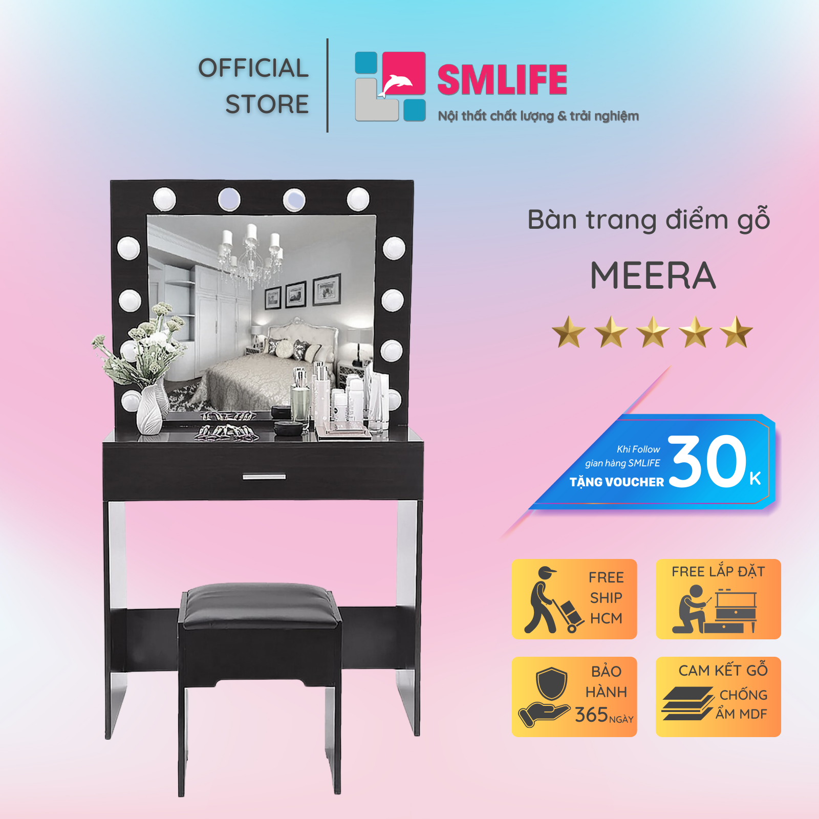 Bàn trang điểm có gương đèn LED SMLIFE Meera