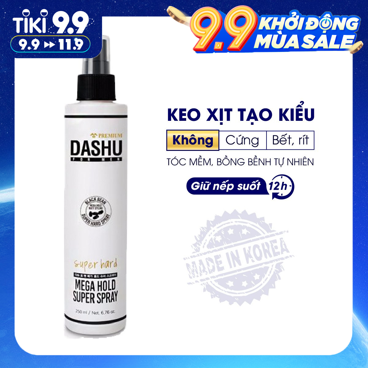 Keo xịt tạo kiểu tóc Nam Dashu Mega Hold Super 50ml, xit định hình cố định, gôm xịt giữ nếp làm khô nhanh, 100% thành phần thiên nhiên an toàn cho tóc, bảo vệ da đầu, giảm thiểu tổn thương tóc khi tạo kiểu tóc bằng Sáp hoặc Pomade.