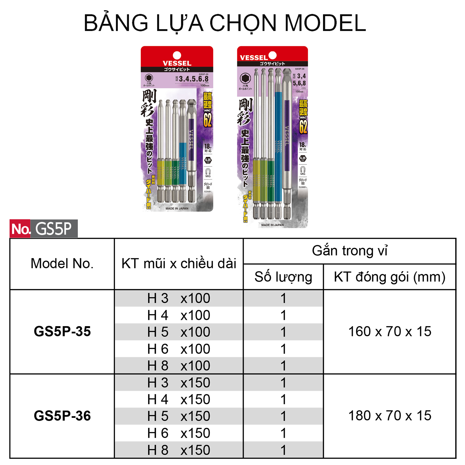 Bộ 05 cái mũi vặn vít đầu lục giác bi - Vessel (Nhật Bản)