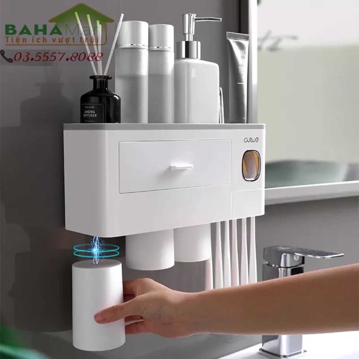 GIÁ ĐỂ TREO BÀN CHẢI NHẢ THUỐC ĐÁNH RĂNG TỰ ĐỘNG - 3 CỐC TREO NAM CHÂM NGƯỢC "BAHAMAR"