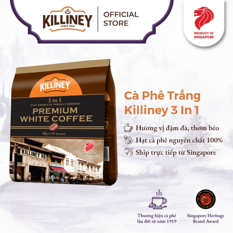 Túi 15 Gói Cà Phê Trắng Kem Sữa Hòa Tan 3-In-1 Cao Cấp Killiney 3-In-1 Premium White Coffee (15 gói x 40g)