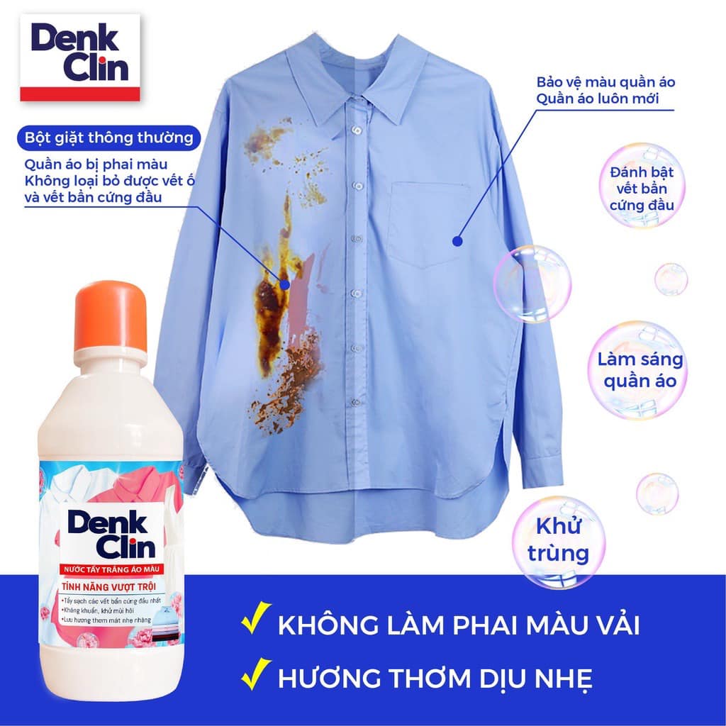 NƯỚC TẨY SẠCH VẾT BẨN TRÊN QUẦN ÁO DENKCLIN, DÙNG CẢ QUẦN ÁO TRẮNG VÀ MÀU