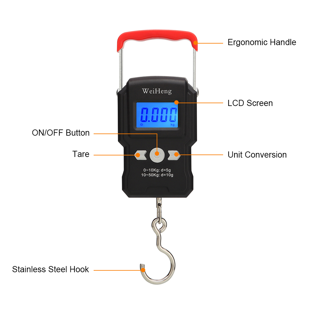 Cân Câu Cá Kỹ Thuật Số Điện Tử 110Lb / 50Kg Màn Hình Lcd Có Đèn Nền Có Móc Treo
