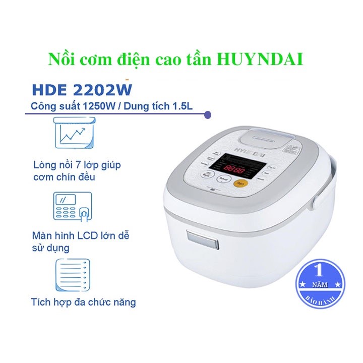 Nồi Cơm Điện Cao Tần IH Hyundai HDE 2202R/W Dung Tích 1.5L Lòng Nồi Kim Cương 7 Lớp - Hàng chính hãng Hyundai