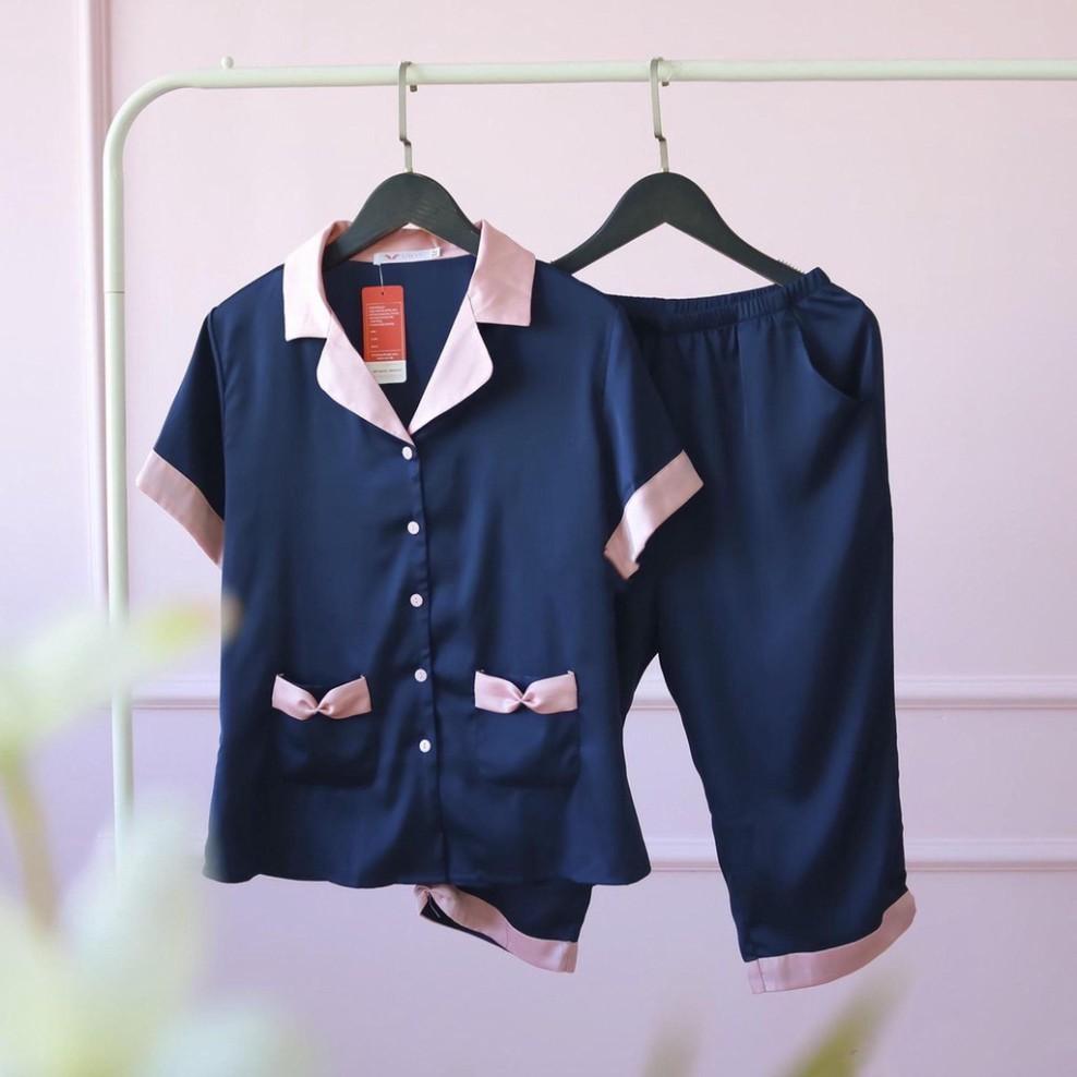 Freeship Bộ pijama lụa satin quần lửng phối cổ cao cấp
