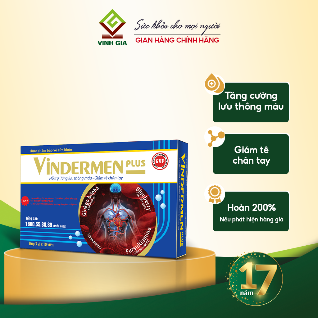 Vindermen Plus - Tăng cương lưu thông máu, thiểu năng tuần hoàn máu não - hộp 30 viên