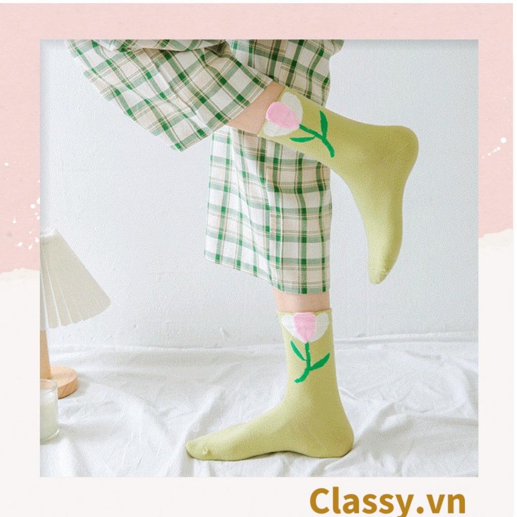 Tất cổ cao, vớ cổ cao hoa tulip Classy chất cotton siêu êm G1347