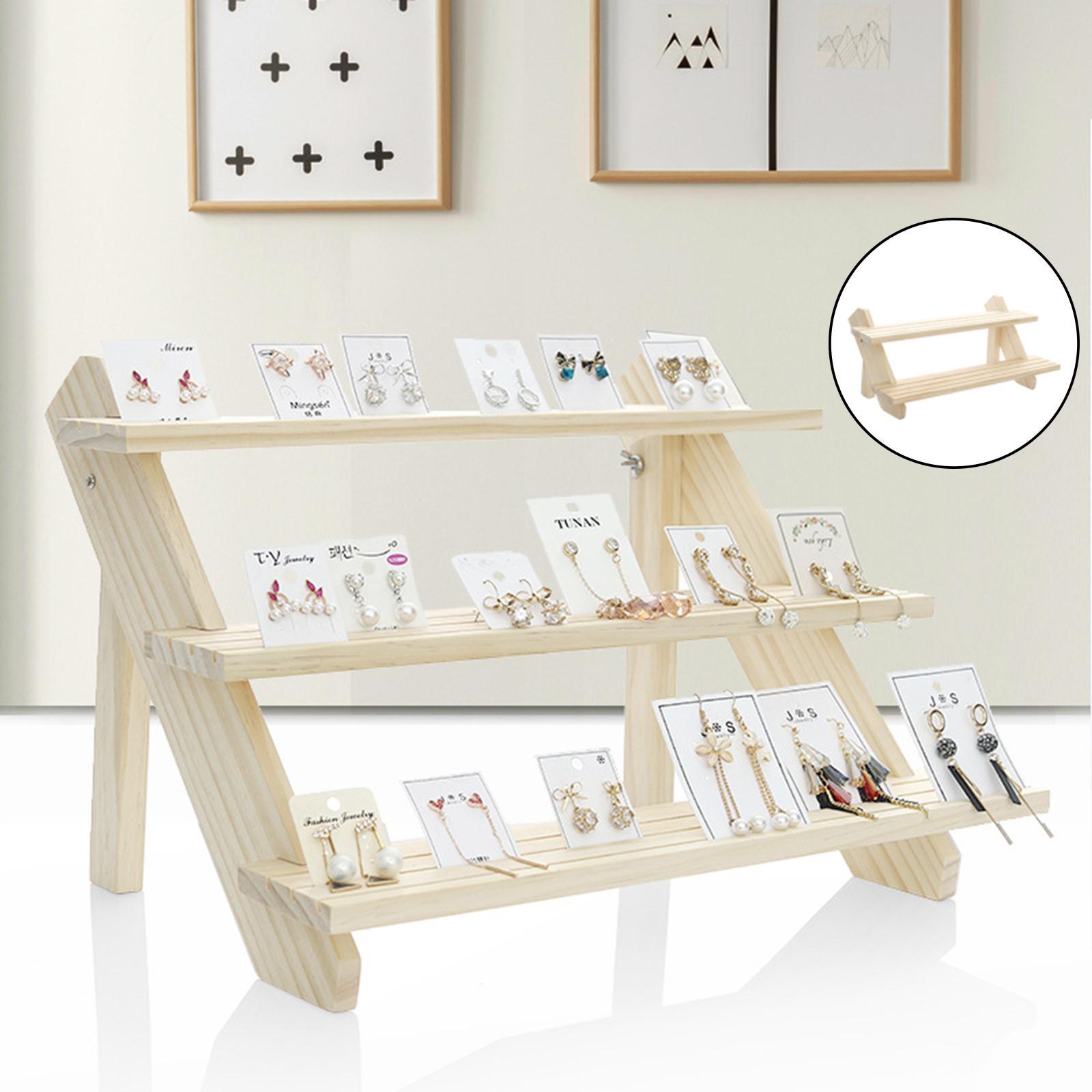 Wooden Jewelry Display Tray Necklace Earrings Storage Rack Two Layers