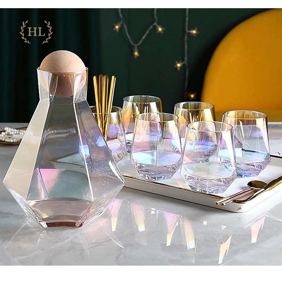 BÌNH CỐC THỦY TINH DECOR NÚM GỖ | BỘ BÌNH CỐC THỦY TINH LỤC GIÁC PHONG CÁCH SCANDINAVIA NÚM GỖ