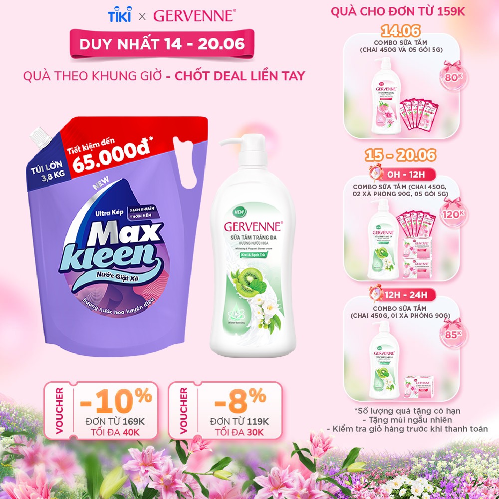 Combo Túi Nước Giặt Xả MaxKleen Hương HUYỀN DIỆU 3.8kg + Sữa tắm trắng da hương nước hoa Gervenne KIWI Và BẠCH TRÀ 900g