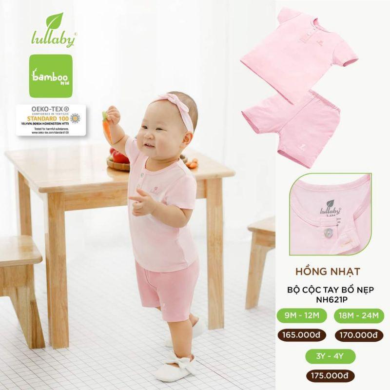Bộ cộc tay sợi tre Lullaby NH621P, áo bổ nẹp, quần đùi bé trai, bé gái siêu mát và mềm mịn