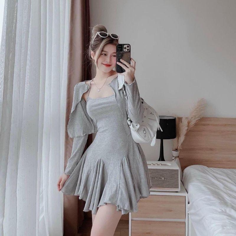 Set đầm dây xòe kèm áo khoác