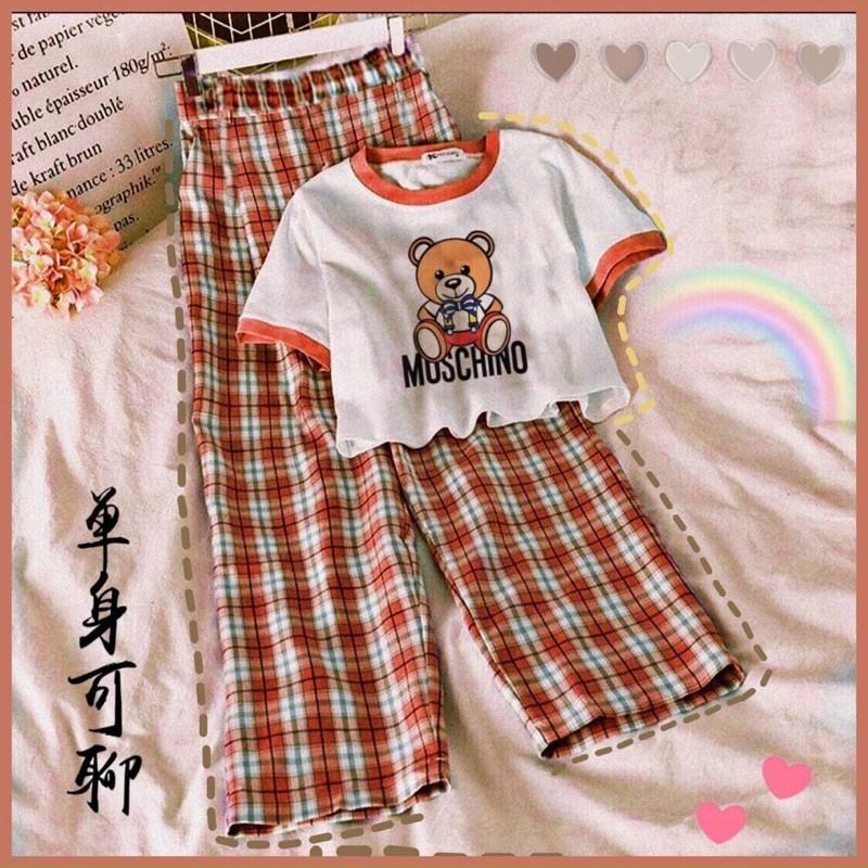 Set áo croptop cuốn biên kèm quần sọc caro chất áo cotton kèm quần kate-N
