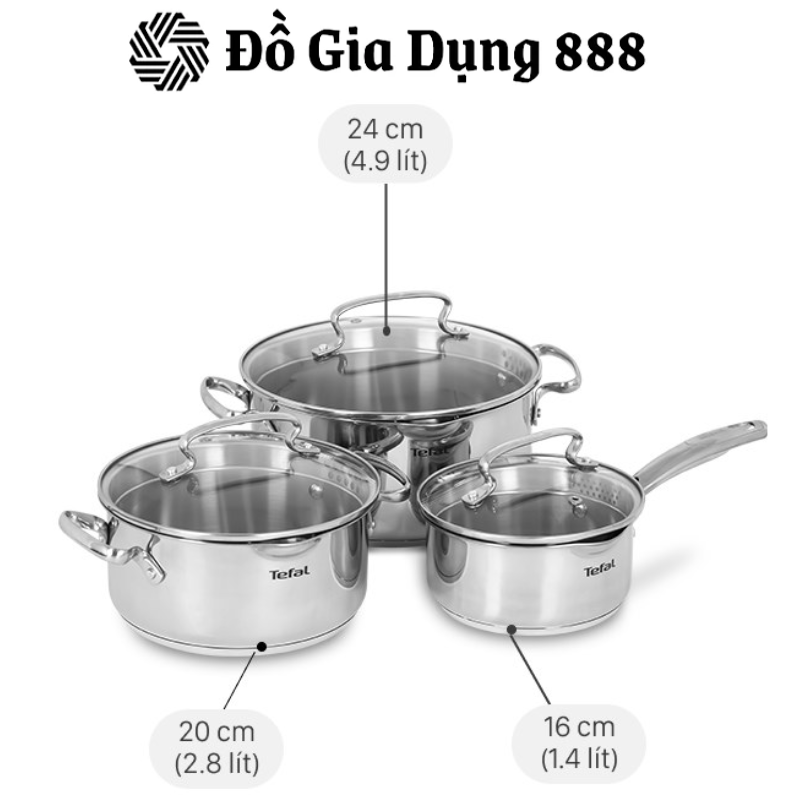 Bộ 3 Nồi Inox Tefal Duetto Plus G719S674, Chất Liệu Inox 18/10 Cao Cấp, Sử Dụng Trên Mọi Loại Bếp, Có Vạch Đo Dung Tích, Kèm Nắp Kính, Nhập Đức, Hàng Chính Hãng