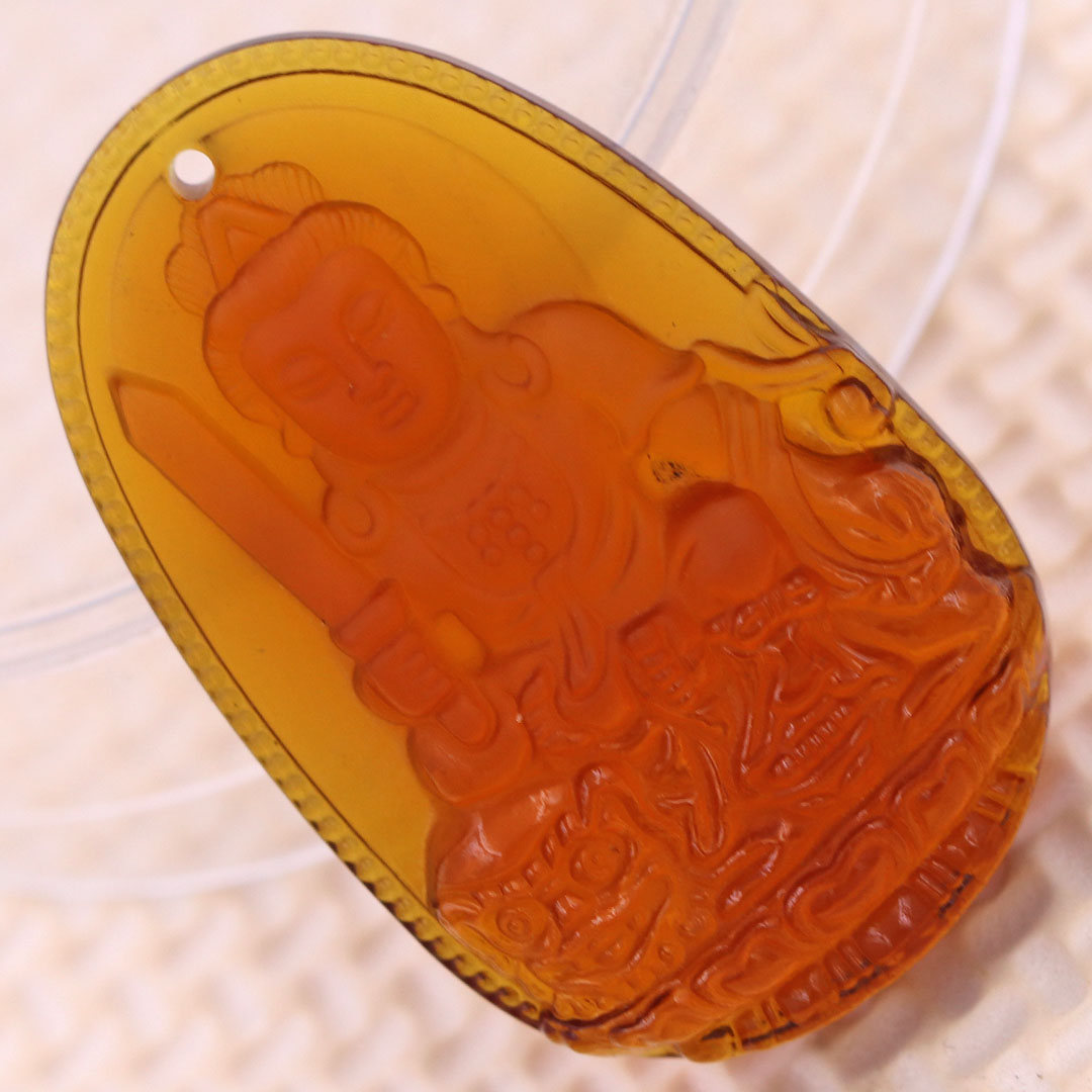 Mặt Phật Văn thù pha lê cam 1.9cm x 3cm  kèm vòng cổ dây chuyền inox vàng + móc inox vàng, Phật bản mệnh, mặt dây chuyền