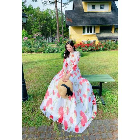 Đầm trắng hoa đỏ tay dài siêu xinh siêu phồng xoè