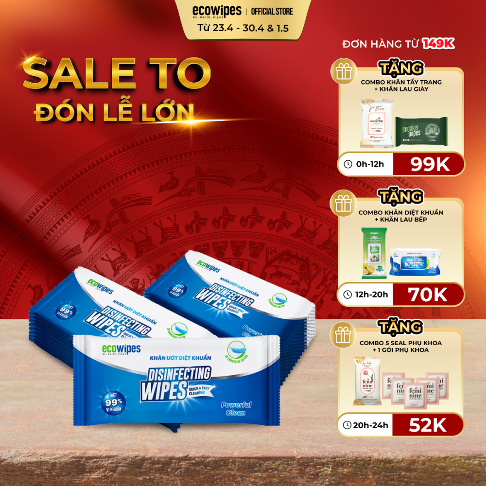 Lốc 20 cái khăn ướt diệt khuẩn Disinfecting Wipes loại 1 tờ dùng 1 lần diệt 99,9% vi khuẩn hương chanh dịu nhẹ