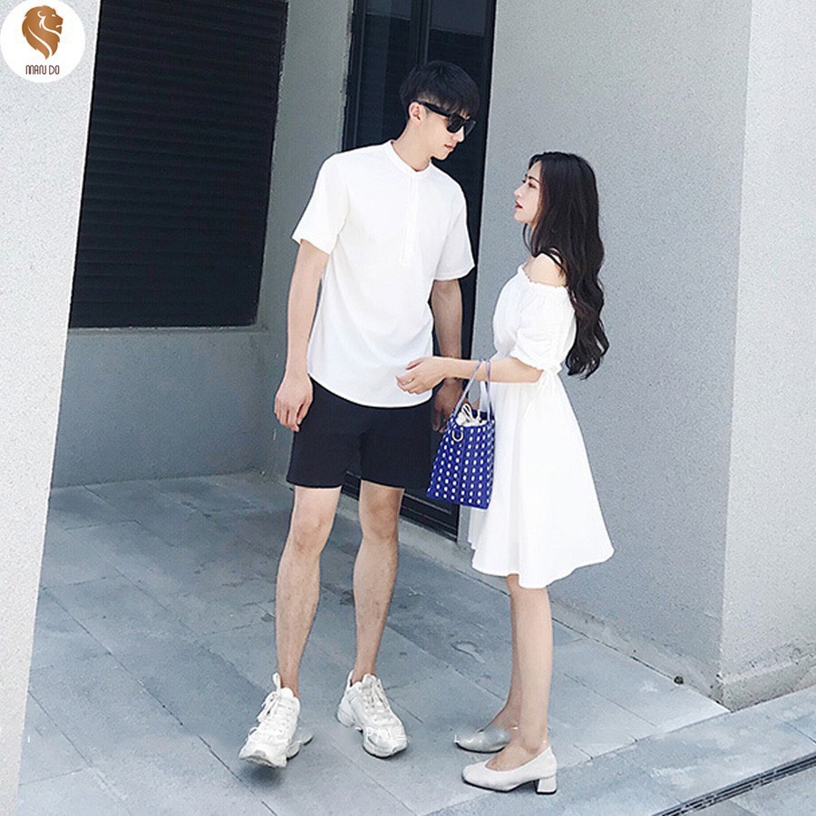 Set đồ đôi áo váy cặp CoupleTina cao cấp -Màu Trắng hở vai - Chất liệu siêu mịn - Phù hợp cặp đôi thích đơn giản