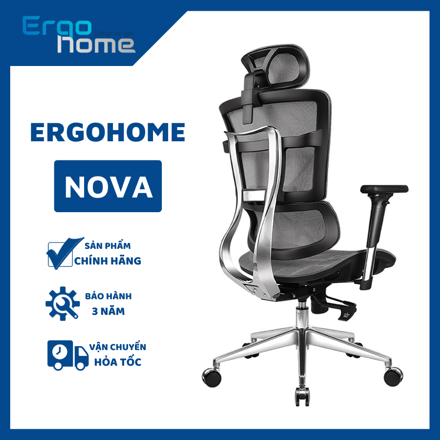 Ghế Nova Ergohome làm việc văn phòng thiết kế công thái học Ergonomic, bảo vệ cột sống piston 4 cấp, khung kim loại chắc chắn, ngả sâu 130 độ, bảo vệ cột sống. lưới 2 lớp chiu lực tốt