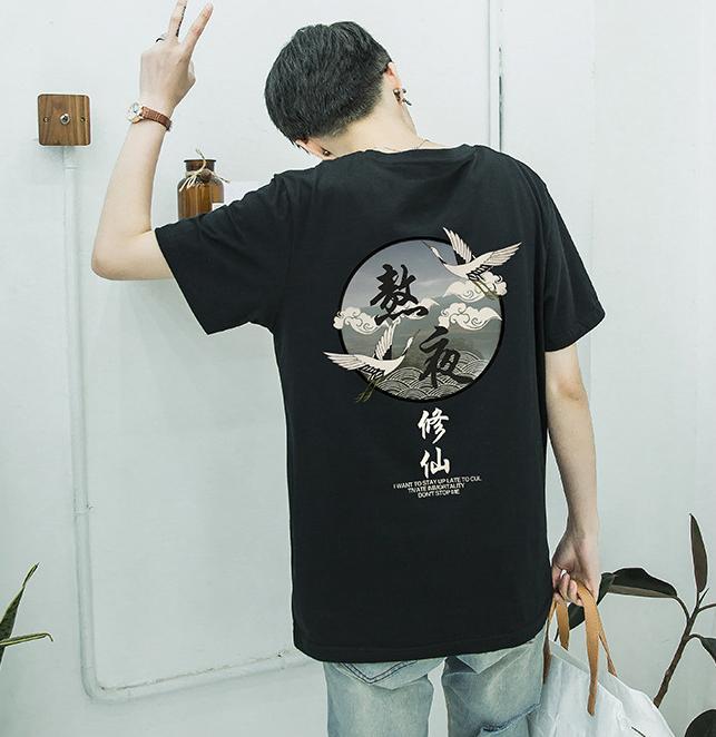 Áo phông cổ trang hình chim hạc Street Style Unisex