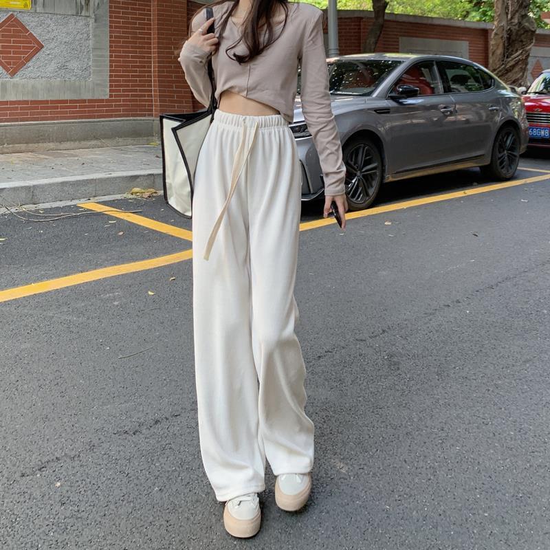 Quần ống rộng nữ, Quần nhung tăm nữ Timo có dây rút cạp chun, ống suông dáng dài basic, phong cách unisex Hàn Quốc QN006