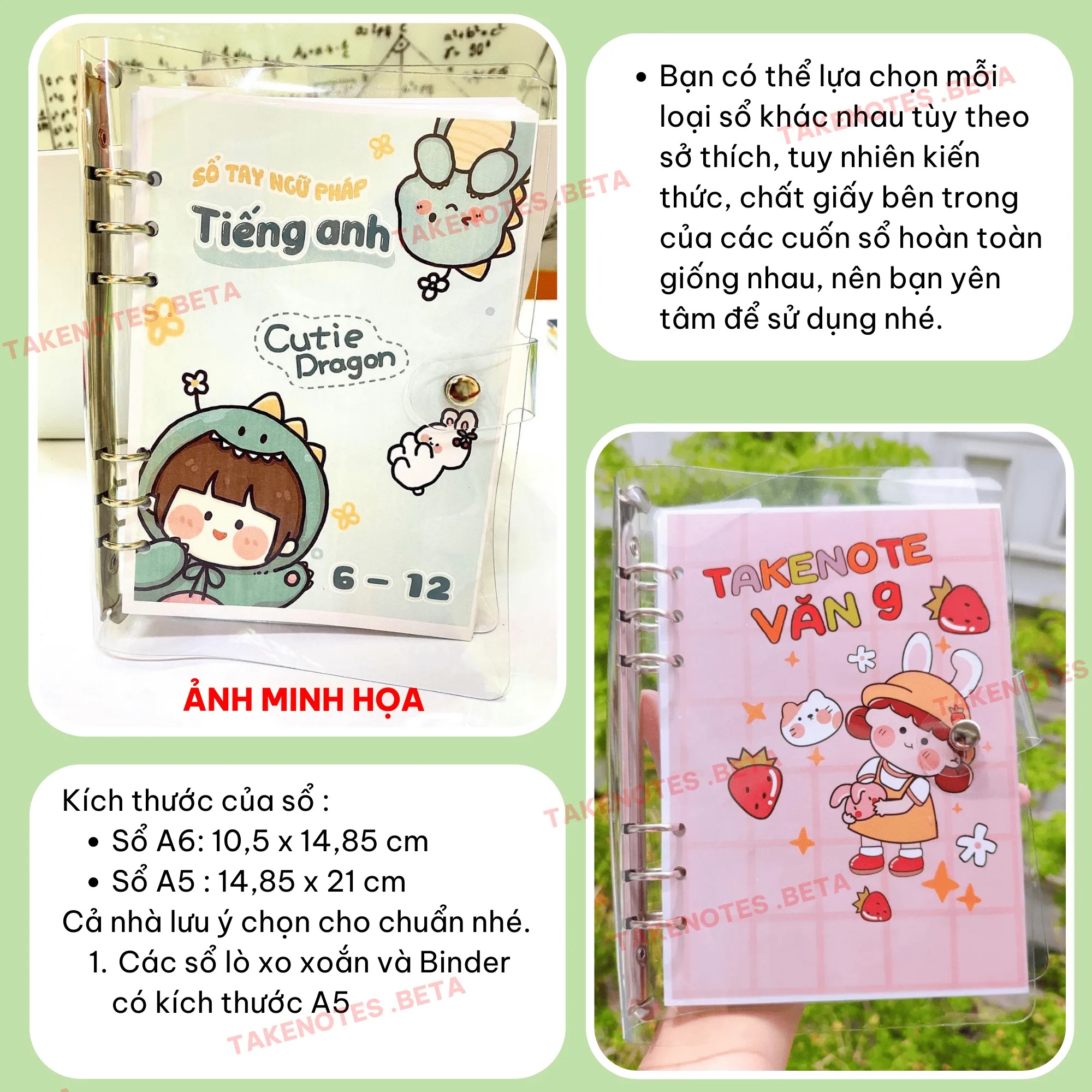 Sổ Takenote Văn 9 tổng hợp công thức trang trí sticker dễ hiểu- 2 loại sổ lò xo bìa trong Beta, sổ còng đóng Binder